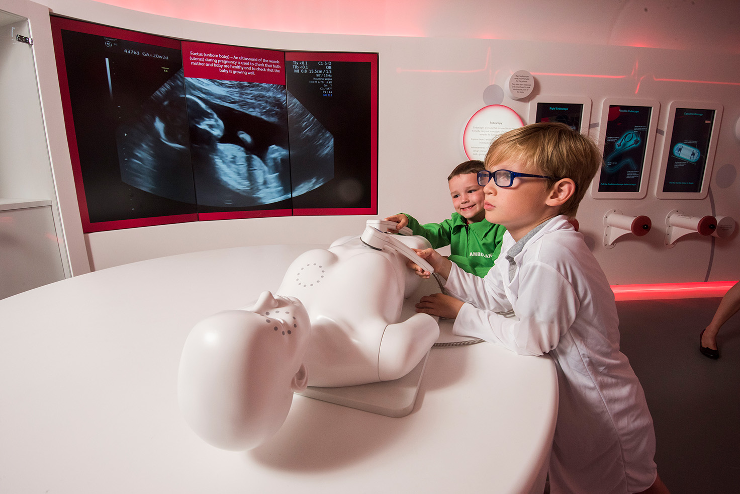 Medical exhibit showing pregnant doll and a baby scan